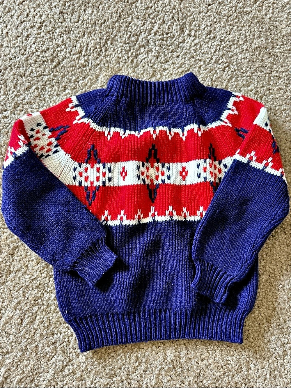 Vtg 70s JCPenney Fair Isle Mock Neck Sweater Boys Small Blue & Red Sz s